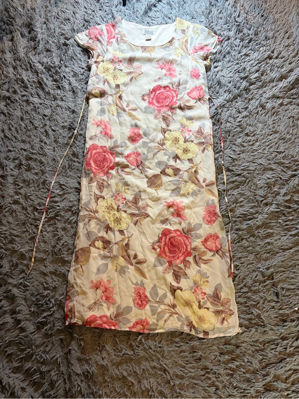 Vintage 90s Style & Co. cream floral short sleeve beaded maxi dress sz 6
